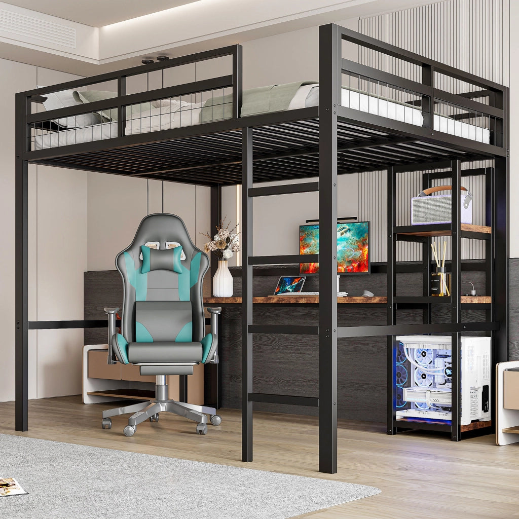 Letto a castello nero in metallo con scrivania e ripiani 140x200 cm
