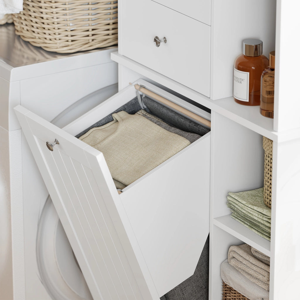 Armadietto da Bagno 60x28,8 x 171 cm conCesto Biancheria Inclinabile in MDF e Tessuto Bianco