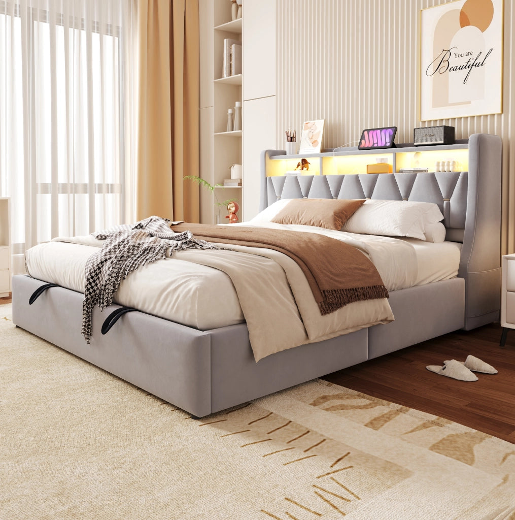 Letto contenitore imbottito 180x200 cm con LED, prese e testiera con vano