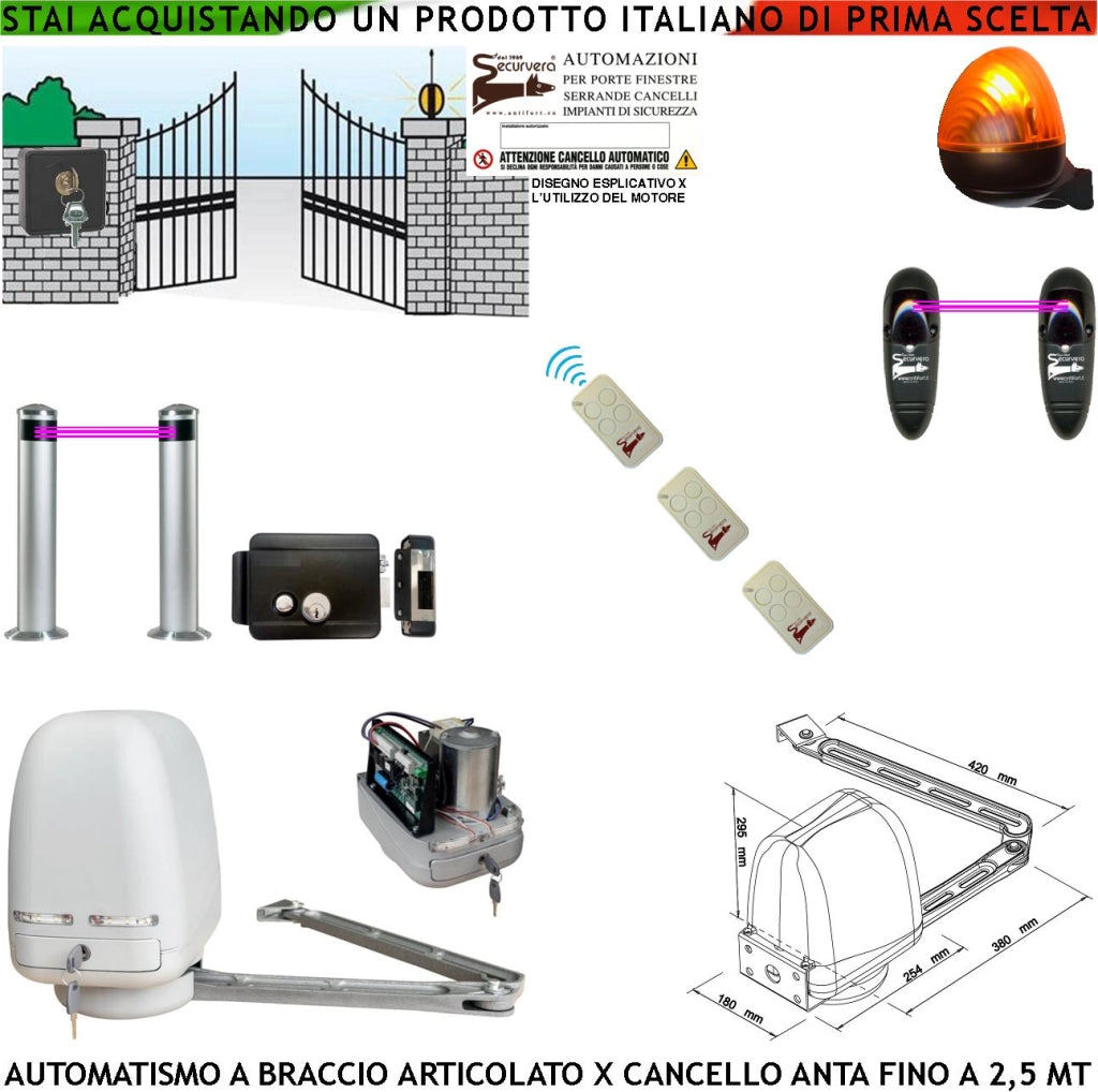 Automatismo Cancello Kit Motore a Braccio Articolato 220/24 V Anta da 0,5 a 2,5 MT Elettroserratura Selettore Faro 2 Paline 2 Fotocellule 3 Radiocomandi
