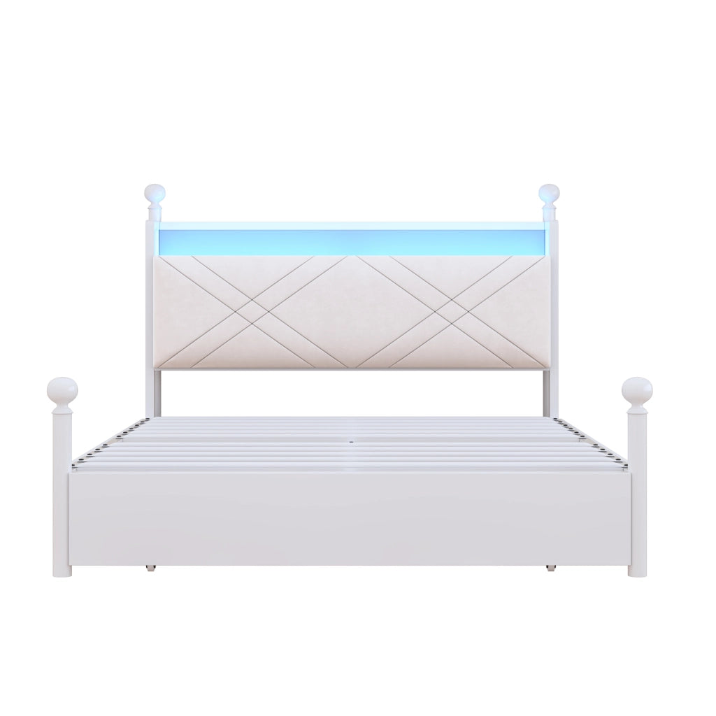 Letto matrimoniale 140 × 190 cm con contenitore, 3 cassetti, LED, USB e Type-C, senza materasso, bianco