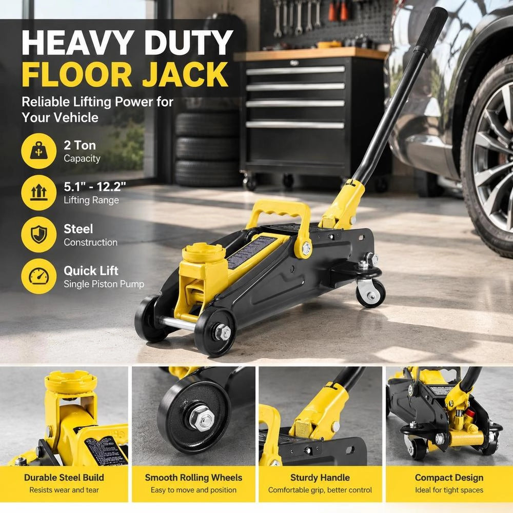 Low Profile Floor Jack, 2 Ton (4400 Lbs) Capacity, Steel Racing Floor Jack With Stands, Single Piston Quick Lift Pump, Hydraulic Trolley Car Lift For Compact SUVs, Lifting Range 5.1-12.2 Inches