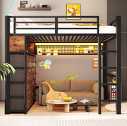 Letto a soppalco 140x200 cm con 8 cassetti; illuminazione LED; metallo e MDF; nero