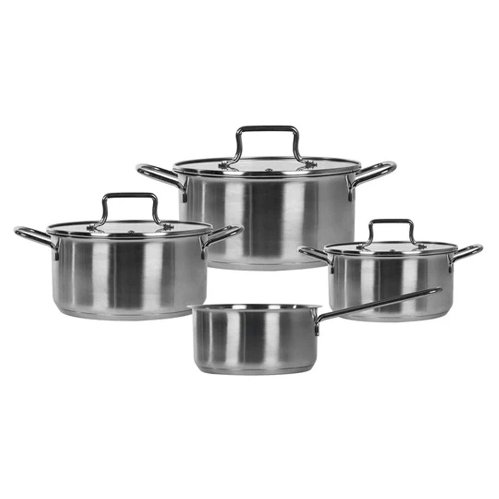 Trade Shop - Set Batteria Di Padelle 7pz In Acciaio Inox Con Fondo Full Induction Coperchi In Vetro -