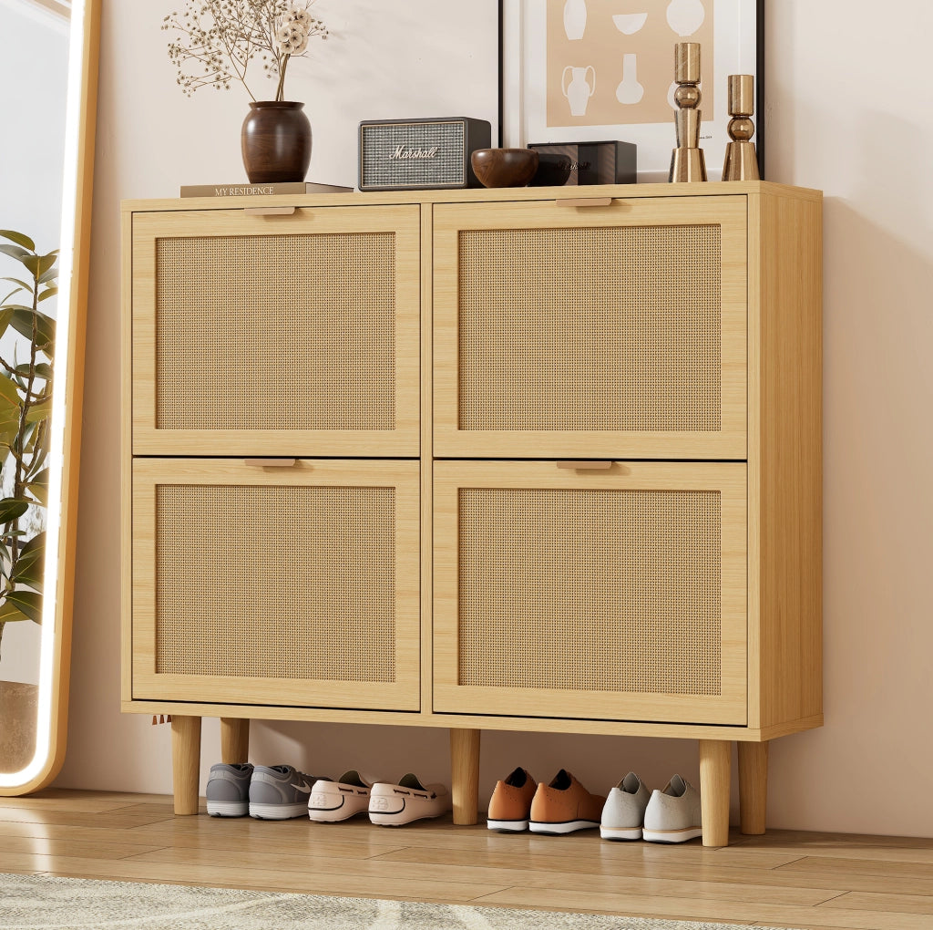 Scarpiera salvaspazio in rovere chiaro con ante in rattan