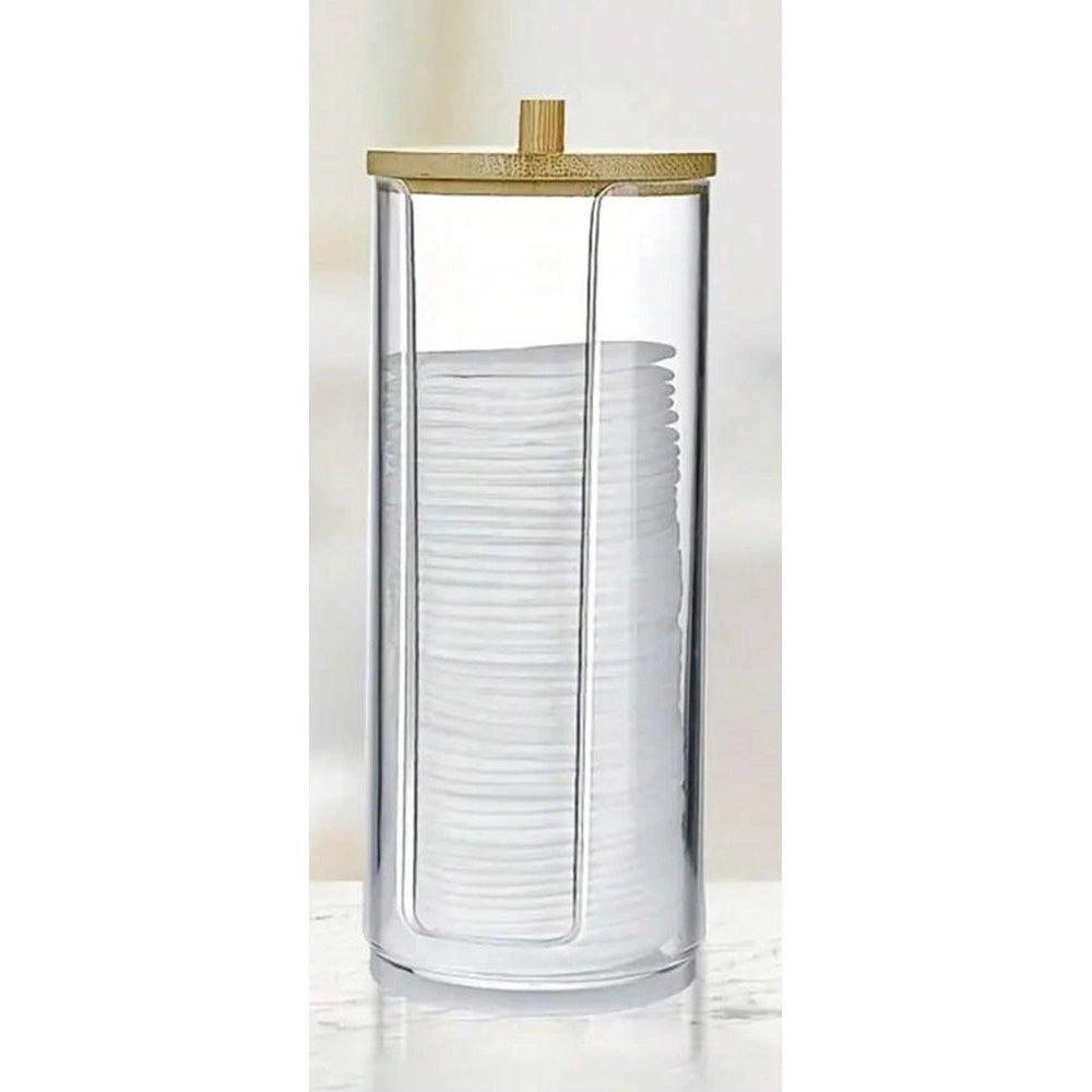 Trade Shop - Dispenser Porta Dischetti Struccanti Trasparente Con Coperchio In Legno 7.5x18.6cm 10824 -