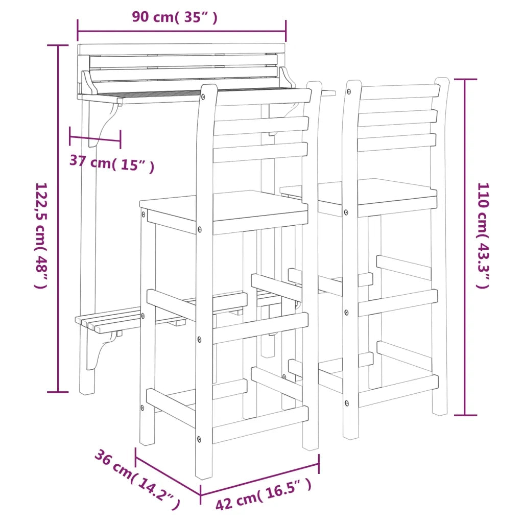 Set da Bar per Balcone 3 pz in Legno Massello di Acacia cod mxl 42631