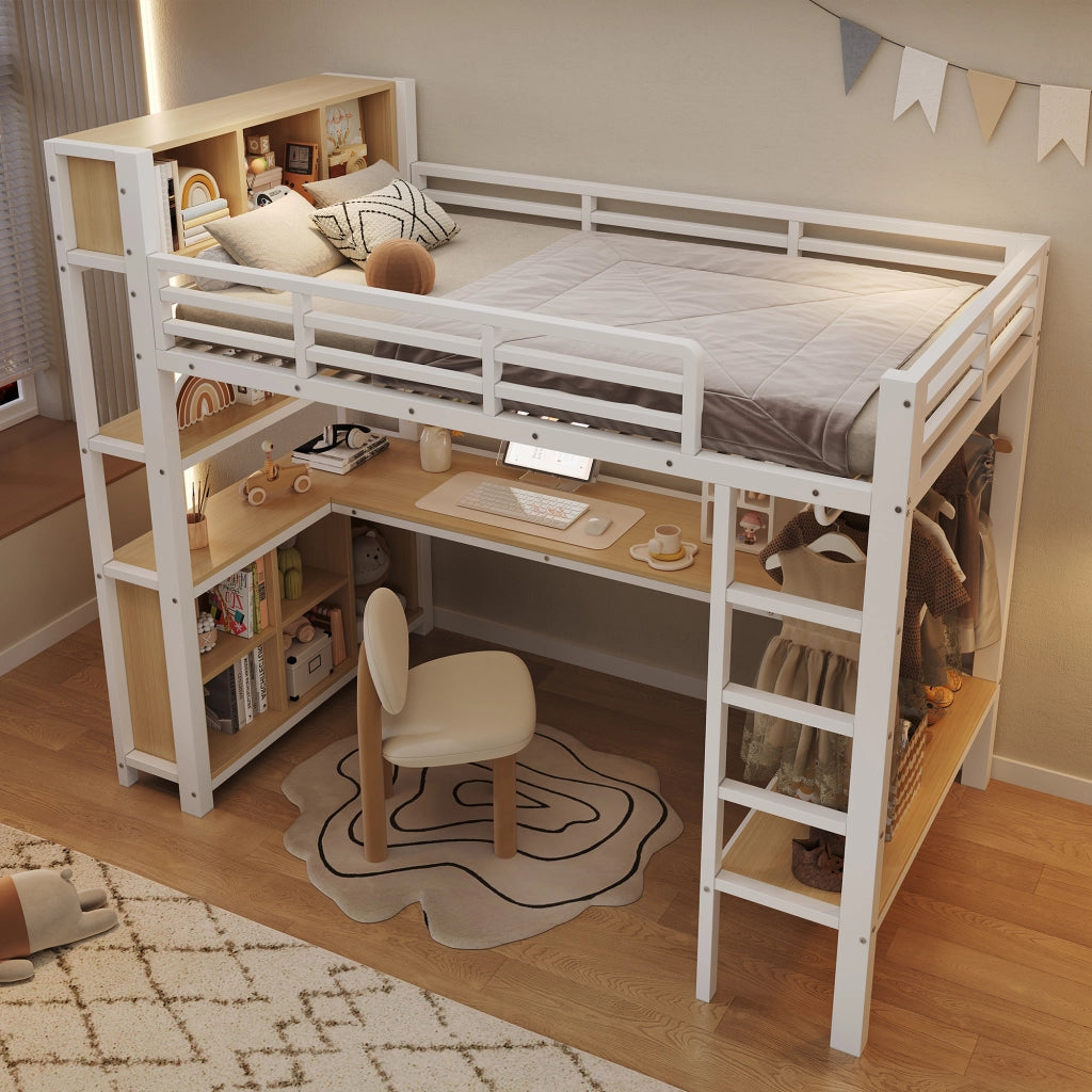 Letto a soppalco 90×200 cm con scrivania; guardaroba; ripiani e vani portaoggetti; senza materasso; metallo; bianco