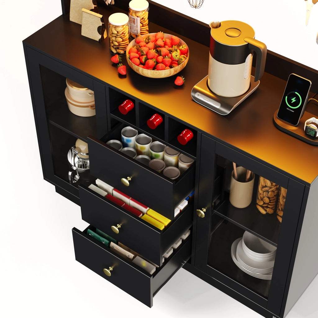 Credenza da cucina 120x40x170 cm con LED RGB e prese in MDF nero