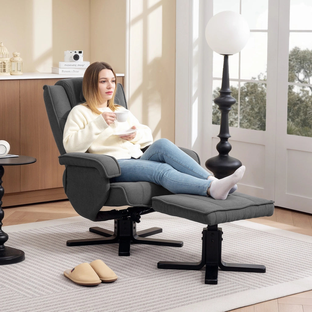 Poltrona Relax Girevole e Dondolo con Poggiapiedi ¨C Zephmum ¨C Tessuto Grigio Scuro, Legno
