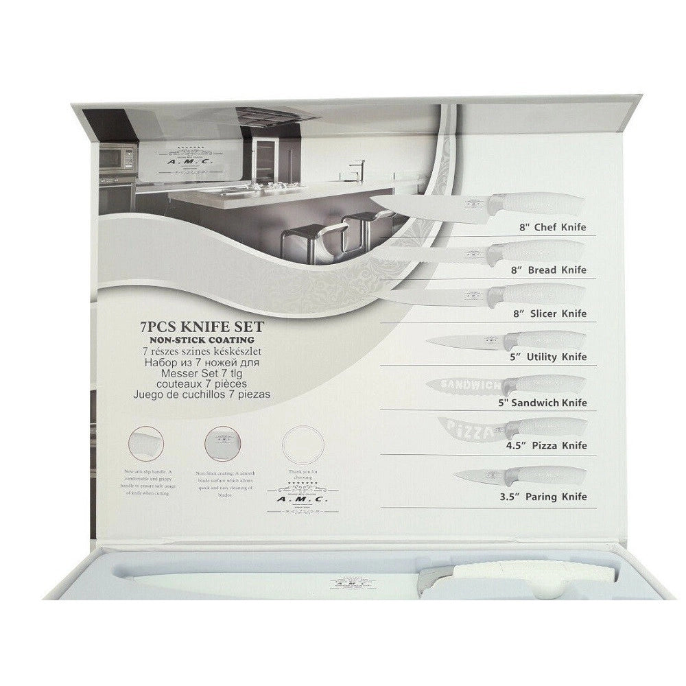 Trade Shop - Set 7 Coltelli Da Cucina In Acciaio Manico Antiscivolo Piu Pelapatate White -