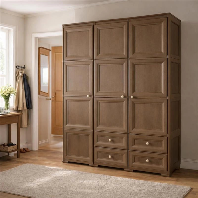 ARMADIO 3 ANTE CON 2 APPENDIABITI E 4 CASSETTI MARRONE, GUARDAROBA MULTIUSO CON RIPIANI E VANI APERTI, 118 X 43 X H 164 CM