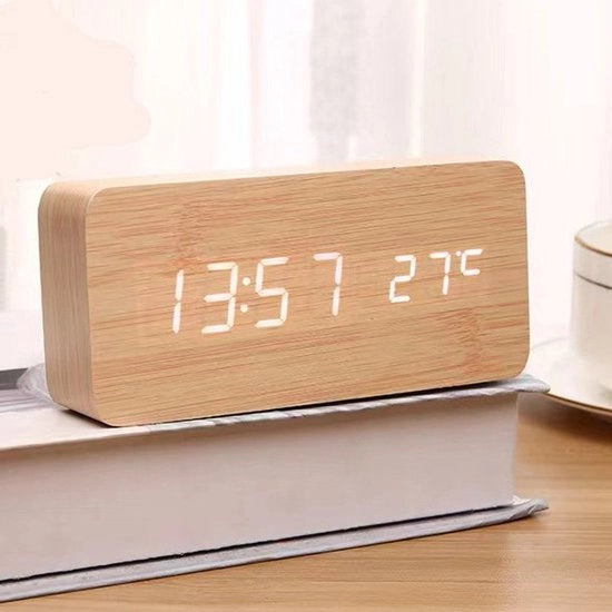 Orologio digitale in legno, sveglia multifunzionale a LED con visualizzazione di data/ora/temperatura e controllo vocale per casa, ufficio e viaggi
