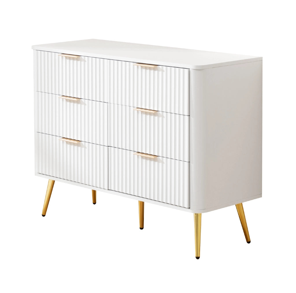 Comò bianco a 6 cassetti 105x40x80 cm con chiusura ammortizzata e piedini alti