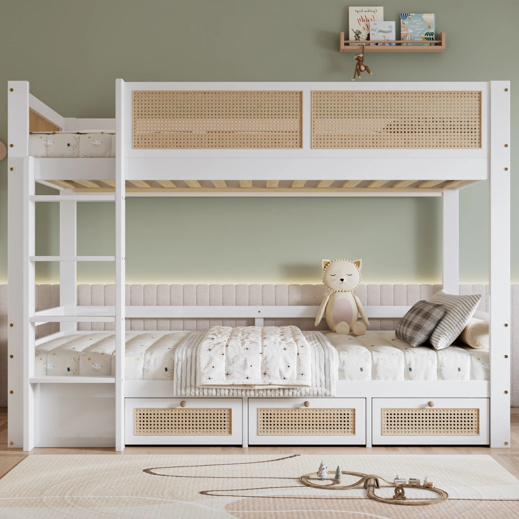 Letto a Castello 90×200 cm; Letto Singolo con 3 Cassetti; Sponde di Sicurezza e Scala; senza Materasso; Bianco Naturale