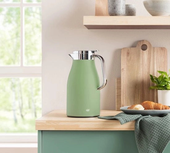 Tazza termica in acciaio inossidabile a superficie matte con becher di vetro resistentente al calore, chiusura a vite con manopola di comfort, maniglia ergonomico, facile da utilizzare con una mano, ideale come teiera 1,0 l