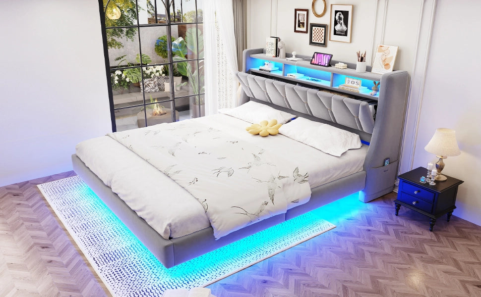 Letto imbottito 180x200 cm con testiera ribaltabile, prese USB e Type-C, LED e struttura in velluto grigio chiaro