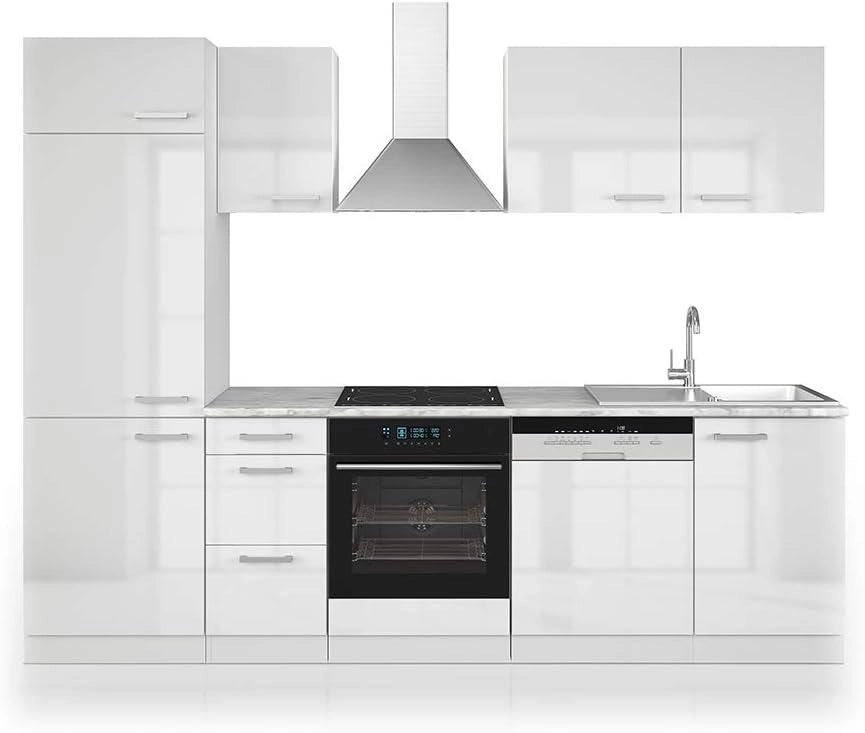 Cucina componibile Optima, Bianco lucido/bianco, 270 cm senza piano di lavoro con striscia LED, adatto per disposizione e ampliamento personalizzati