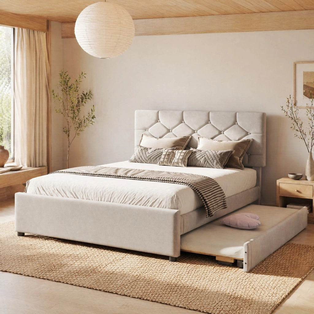 LETTO 140x200 cm Beige in velluto con letto estraibile e rete a doghe