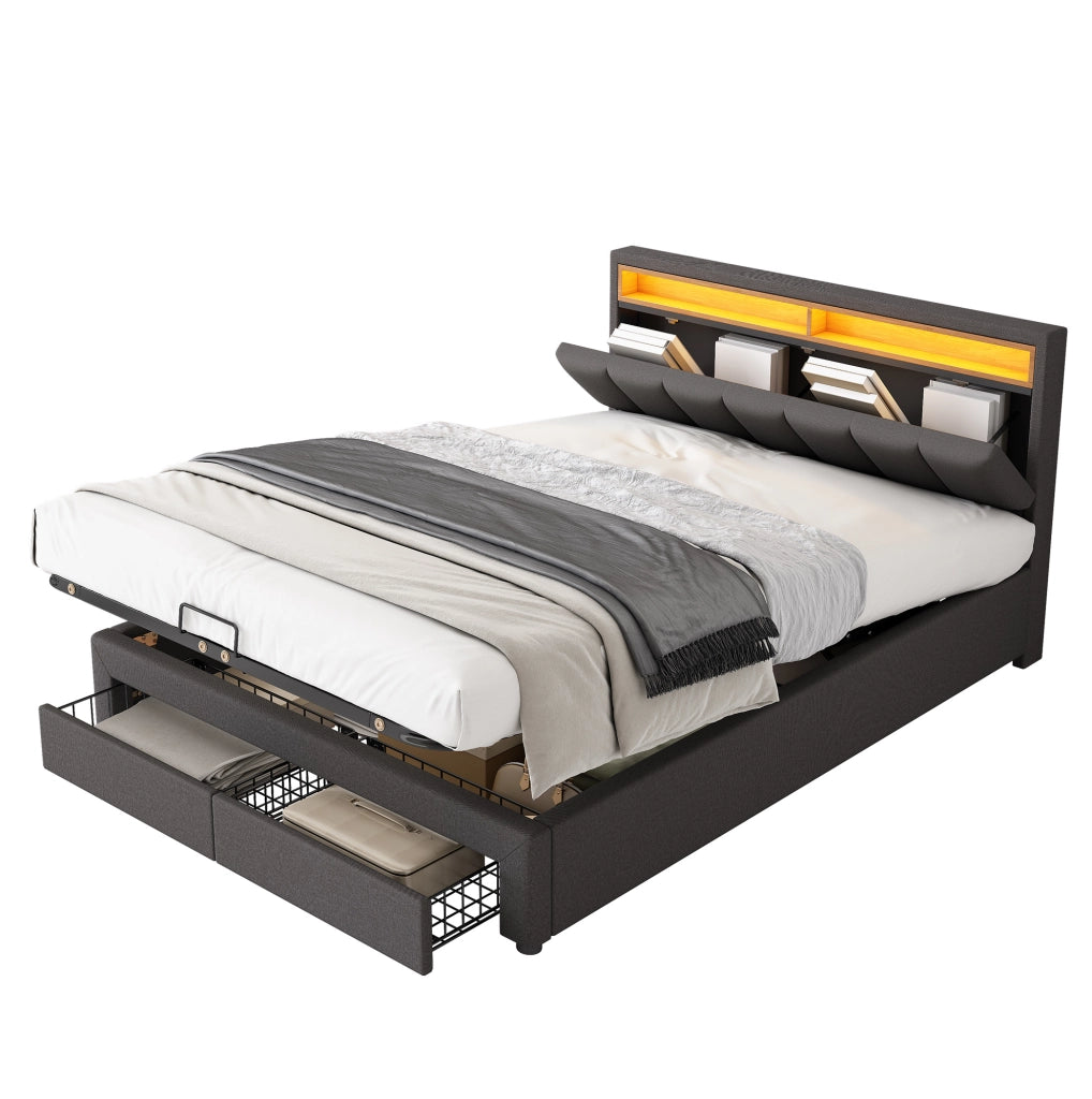 Letto imbottito matrimoniale 180x200 cm con LED; contenitore sotto letto; in lino grigio scuro
