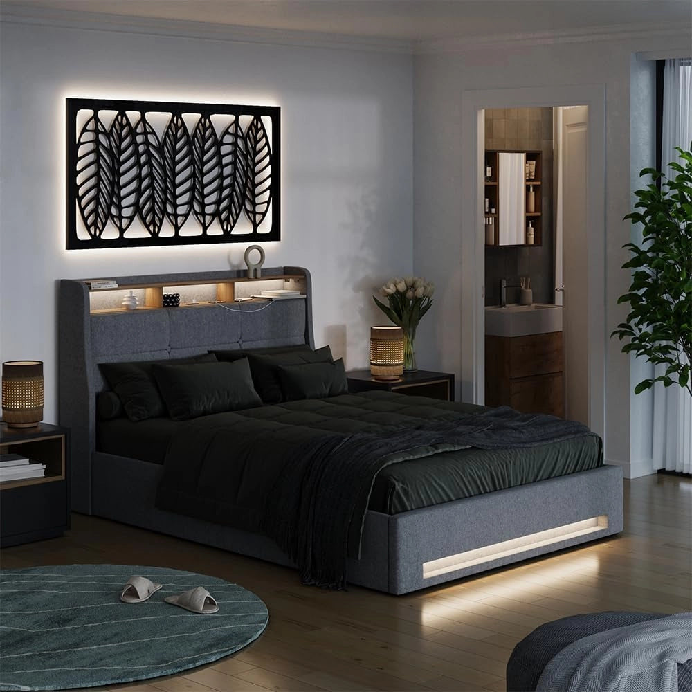 Letto imbottito Christin, Grigio/quercia, con materasso, LED e connessione USB, con rete a doghe e contenitore integrato