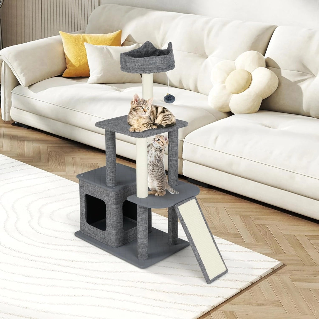 Tiragraffi per Gatto Alto 117 cm, Albero Tiragraffi Gatto con 5 Piattaforme, 2 Pali Sisal e Pallina Pompon, Torre Tiragraffi per Gatti con Grotta e Trespolo, Grigio