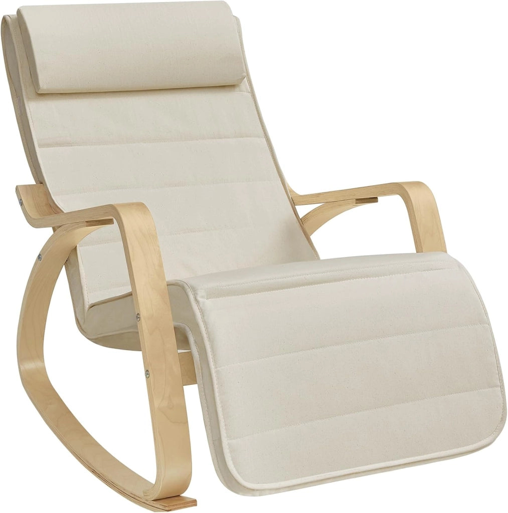 SONGMICS Sedia a Dondolo con Braccioli in Legno di Betulla, Poltrona a Dondolo con Poggiapiedi Regolabile in 5 Posizioni, Max Portata 150 kg, Soggiorno Cameretta, Beige LYY10M
