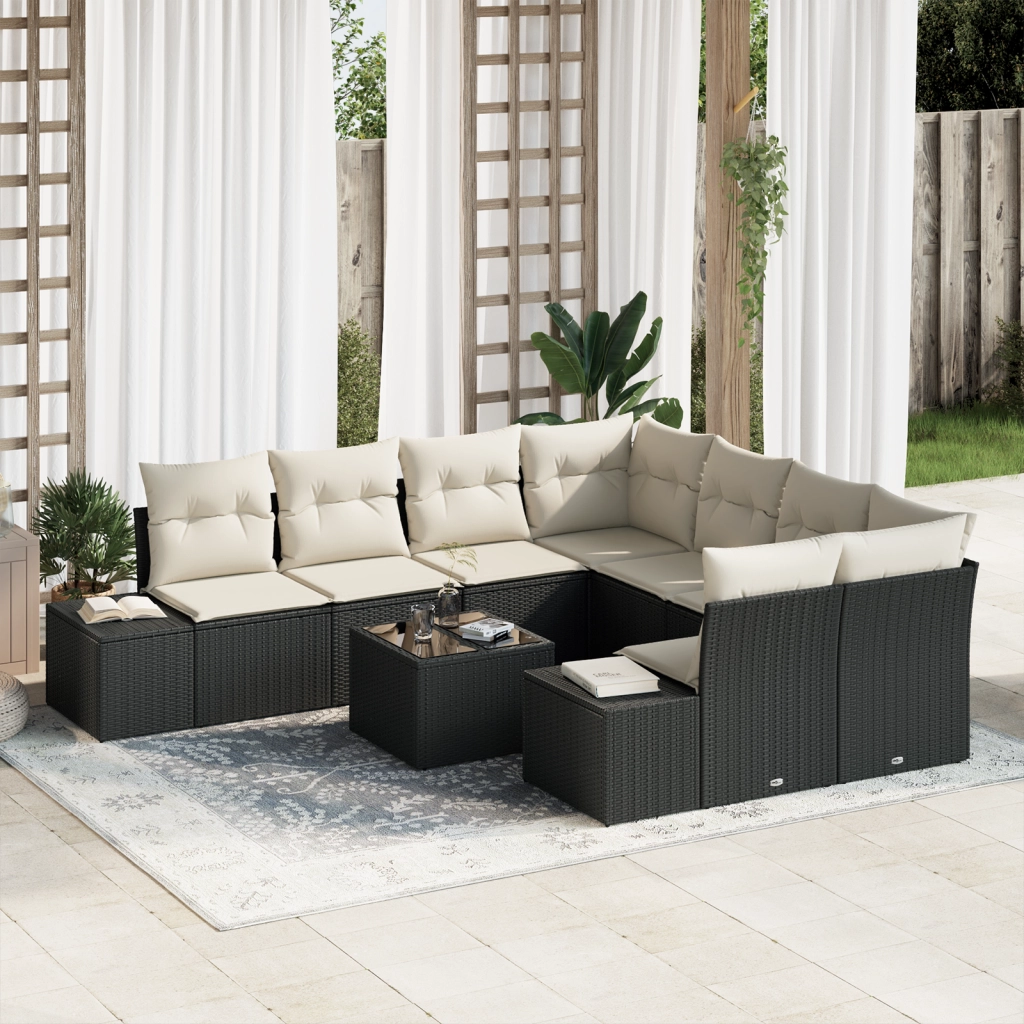 Set Divano da Giardino a 9 Pezzi con Cuscini Nero Polirattan