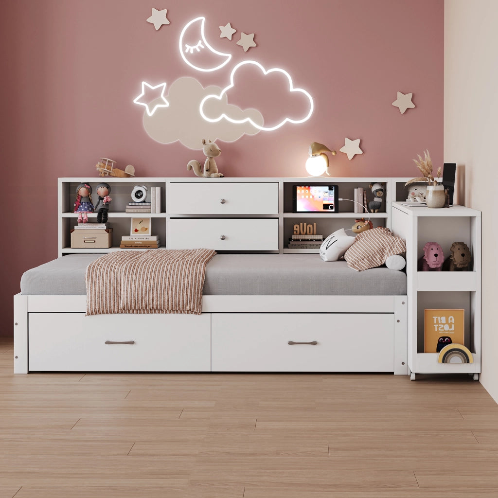 OKWISH Letto a Divano 90×200 cm, Letto Singolo con 2 Cassetti, USB, Presa e Scrivania Estraibile, senza Materasso, in Legno, Bianco