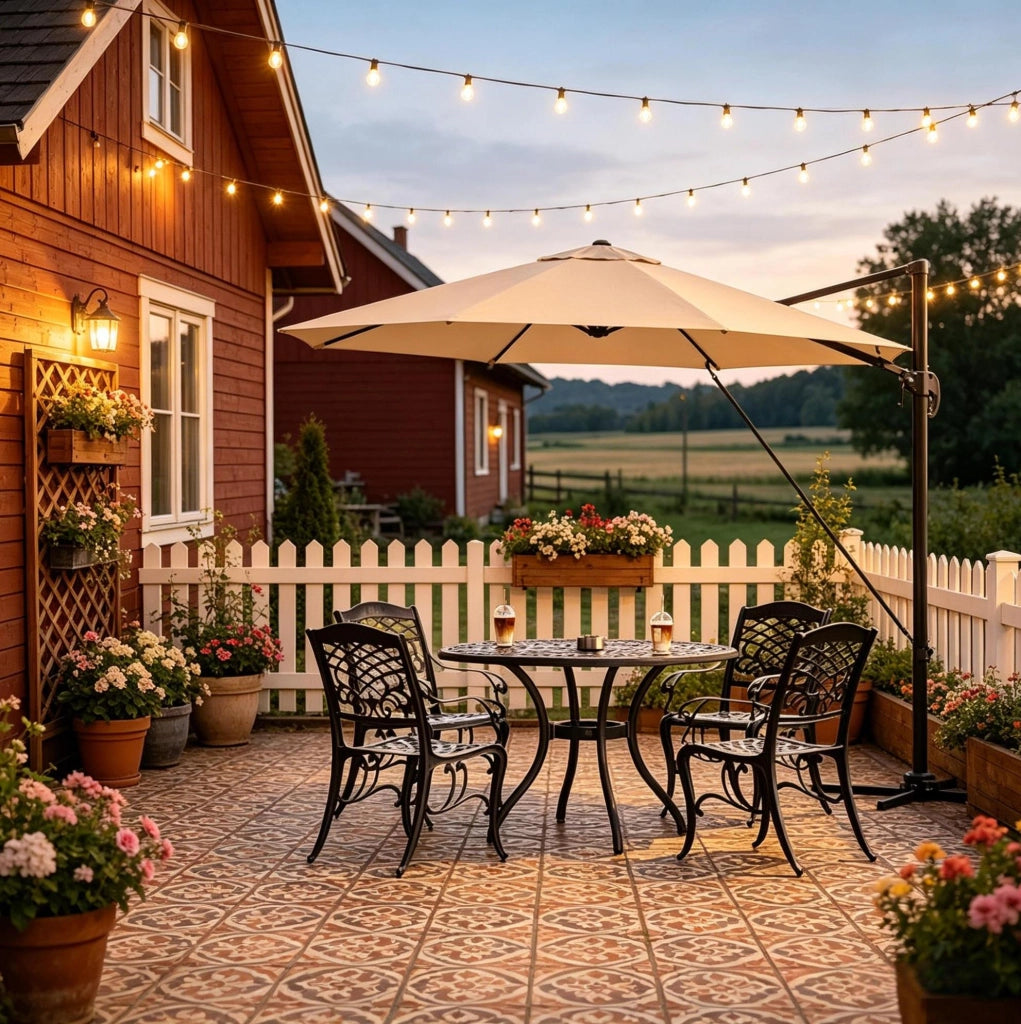 Ombrellone da giardino 3 m beige orientabile a 360° con base a croce e copertura