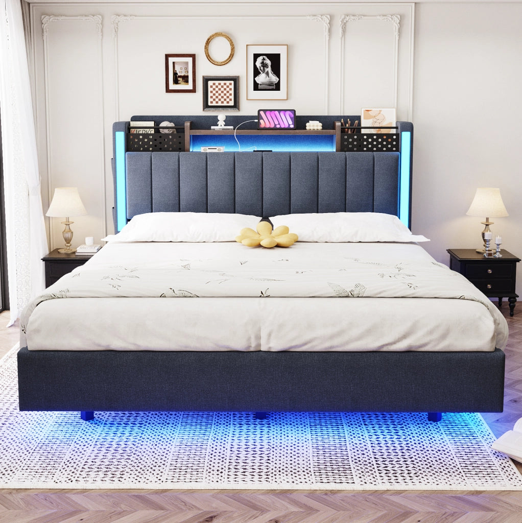 Letto imbottito 140x200 cm con USB e LED; lino; grigio (Senza materasso)
