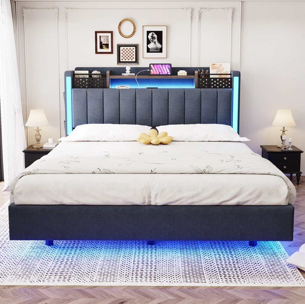Letto imbottito 140x200 cm con USB e LED; lino; grigio (Senza materasso)