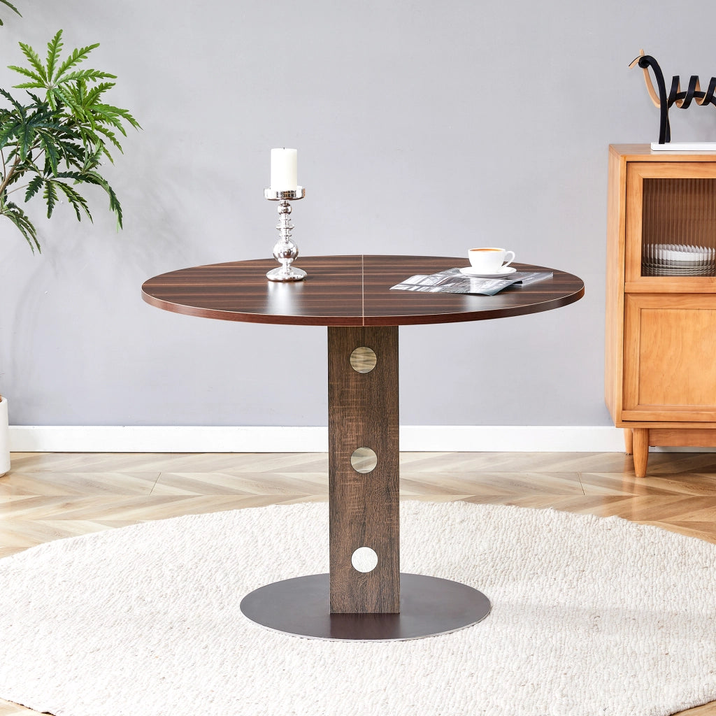 Tavolo da pranzo rotondo con piano effetto noce e base in metallo, per cucina e soggiorno, diametro 100 cm, altezza 76 cm