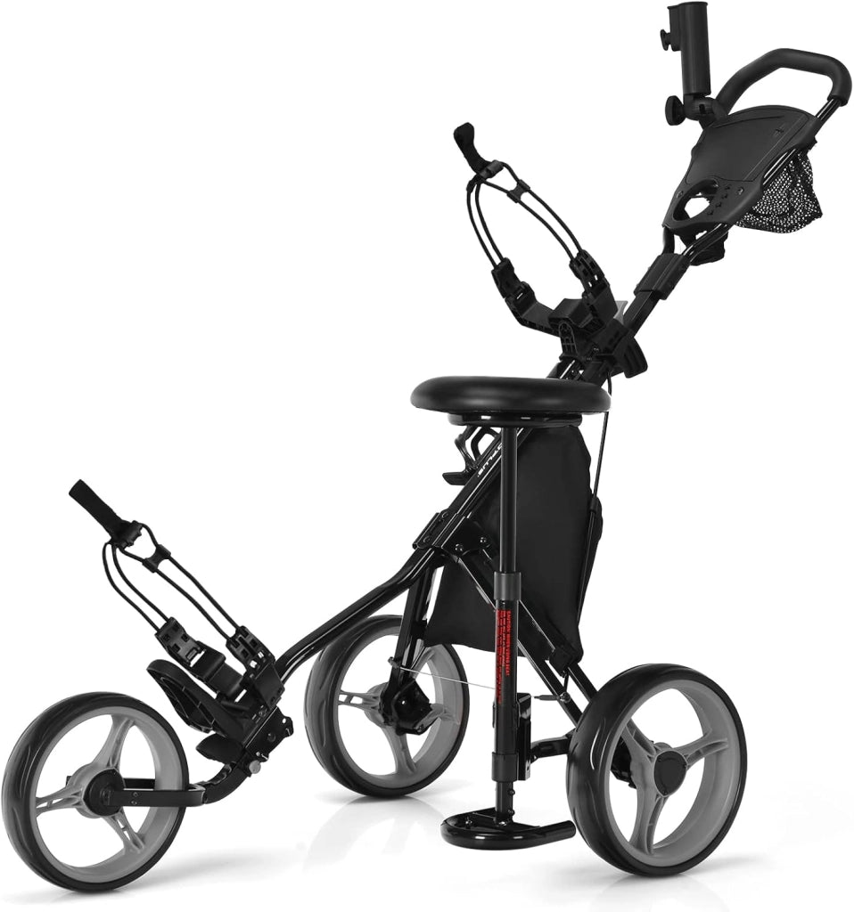 Carrello da Golf Pieghevole con 3 Ruote, Trolley da Golf Altezza Regolabile di Alluminio con Sedile, Porta Ombrello e Porta Bevande