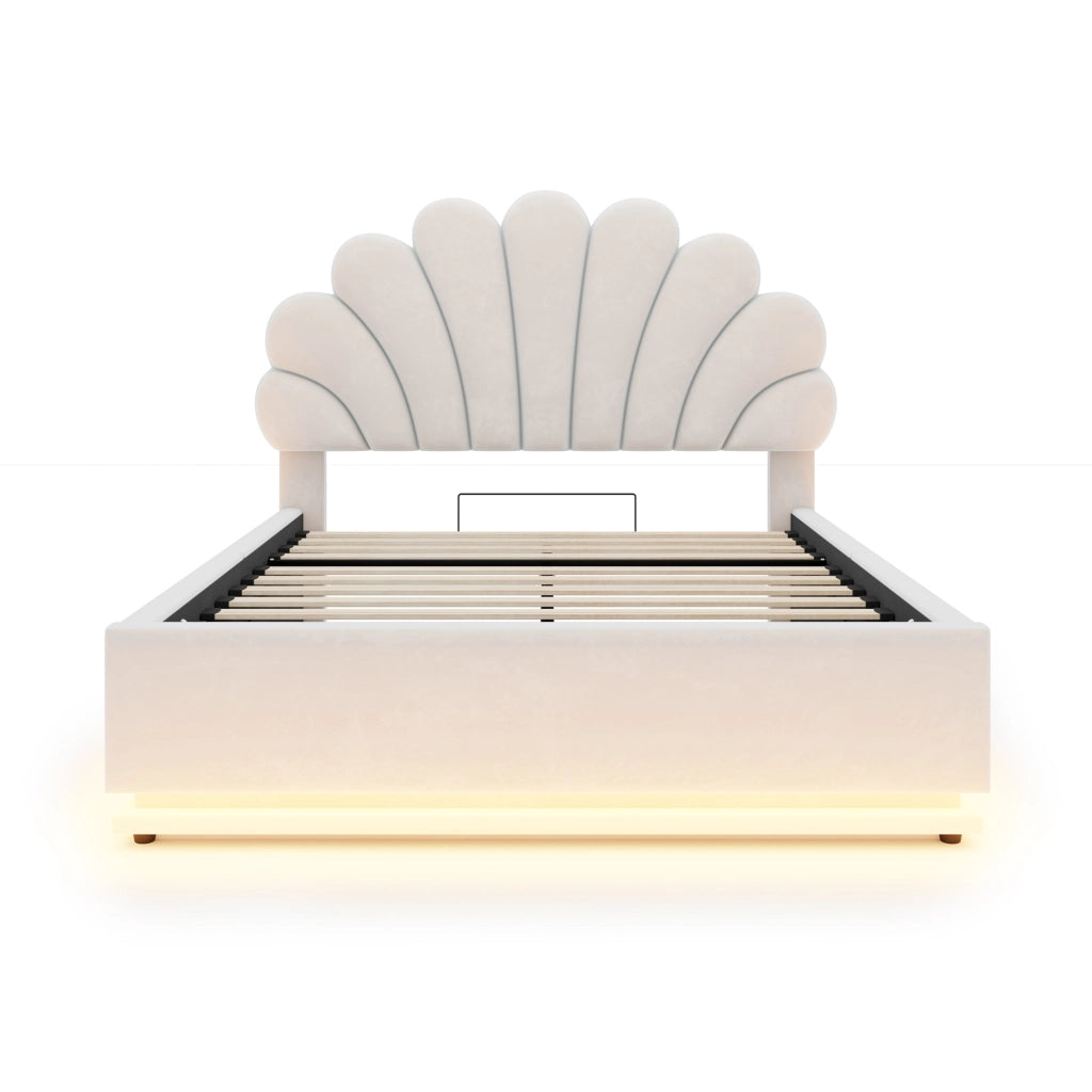 Letto Contenitore 140 x 200 cm - Testiera a Fiore; LED Regolabile - in Velluto - Beige