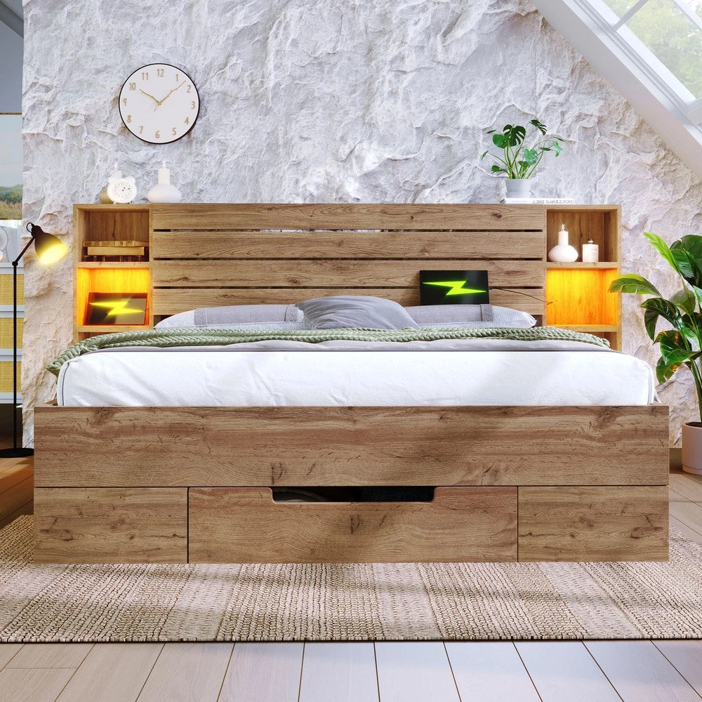 Letto Contenitore Matrimoniale in Legno con LED e Cassetti ¨C MINIMAL ¨C Rovere 160x200