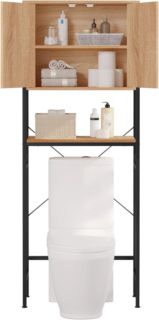 Scaffale Sopra Lavatrice, Mobile Sopra WC, Scaffale da Bagno, Armadietto con Ripiano Regolabile e Ante, per Lavanderia, in Legno e Metallo, Nero+Rovere Chiaro, 64,5x27x170cm