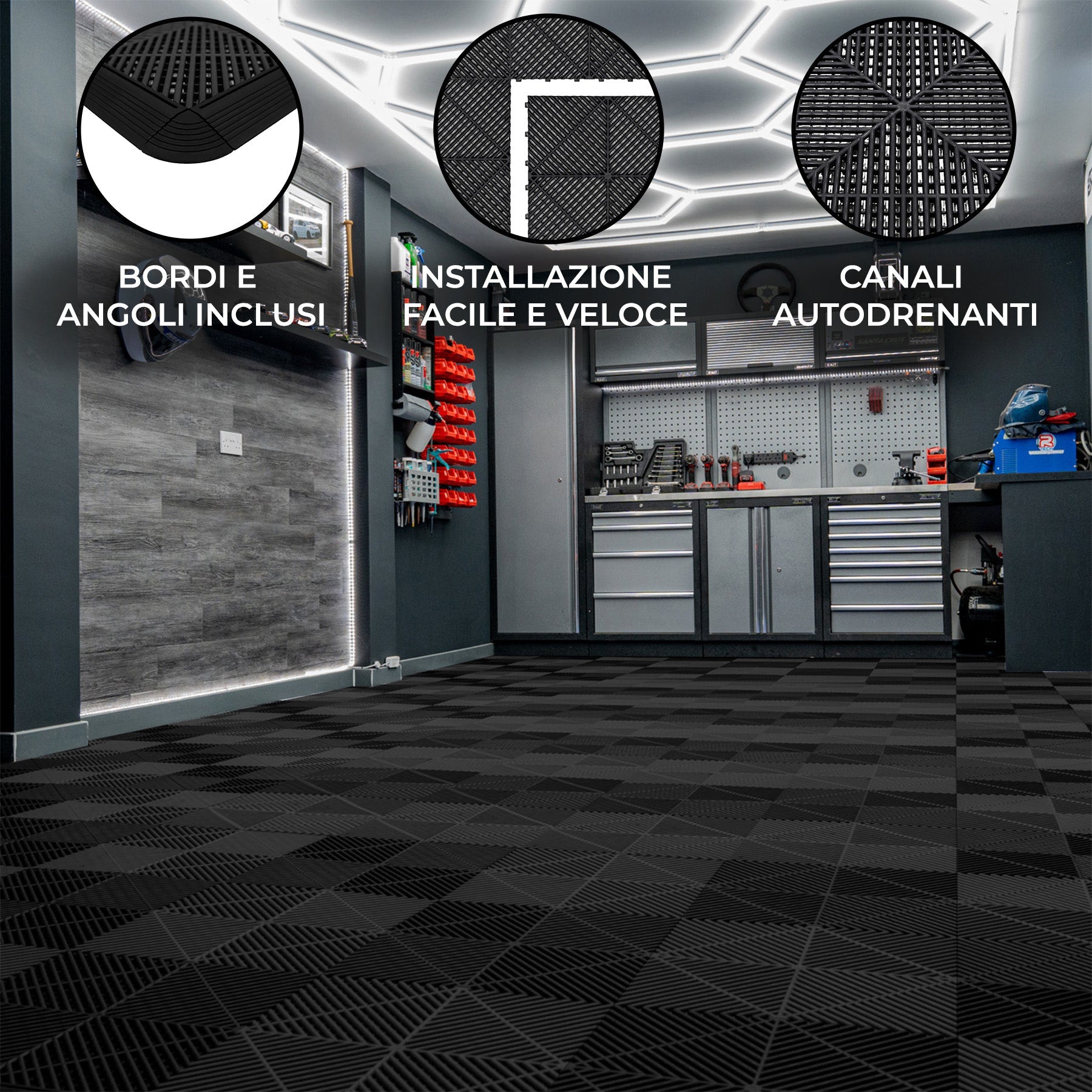 Piastrelle a incastro ventilate nere 3,2m x 6m per garage e officine, antiscivolo.