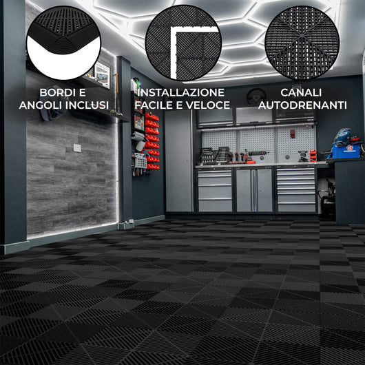 Piastrelle a incastro ventilate nere 3,2m x 6m per garage e officine, antiscivolo.
