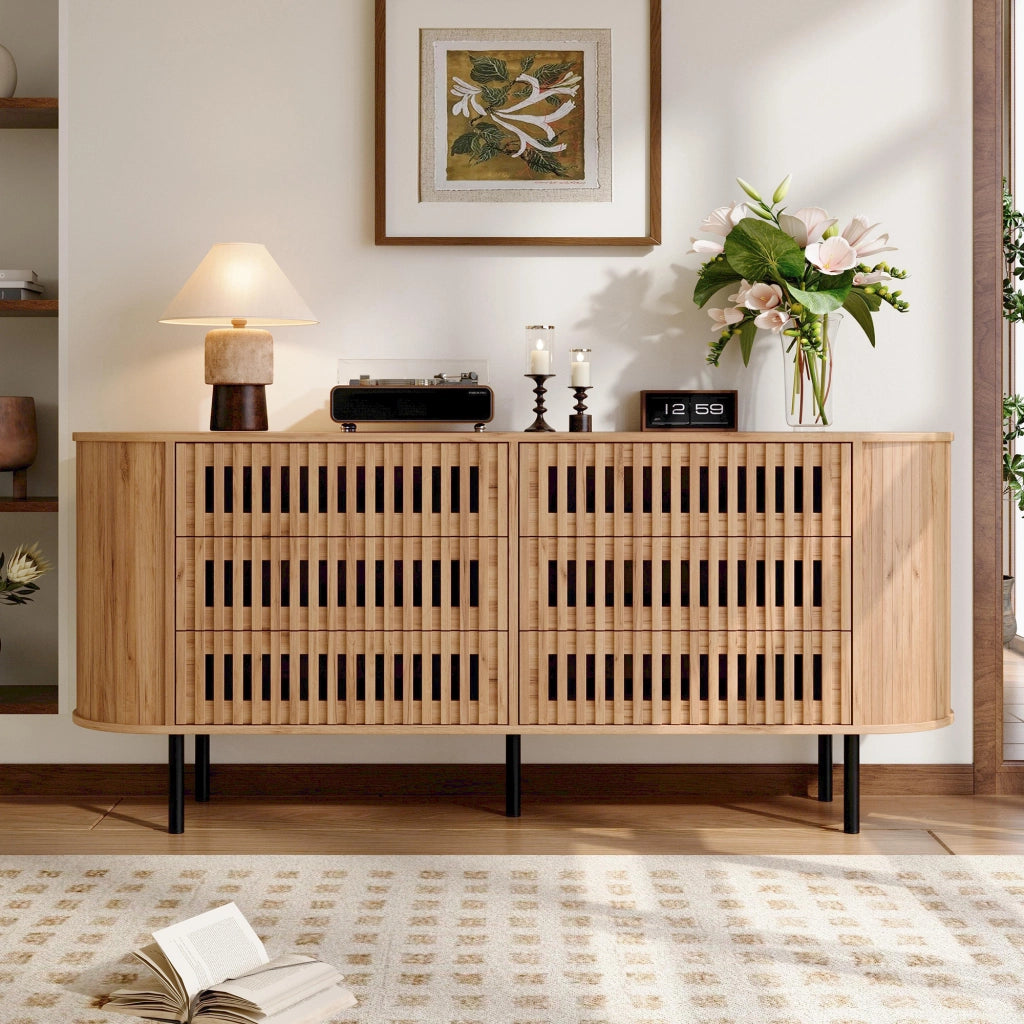 Credenza con 6 cassetti; per soggiorno e ingresso; in MDF; 160x40x70 cm; naturale