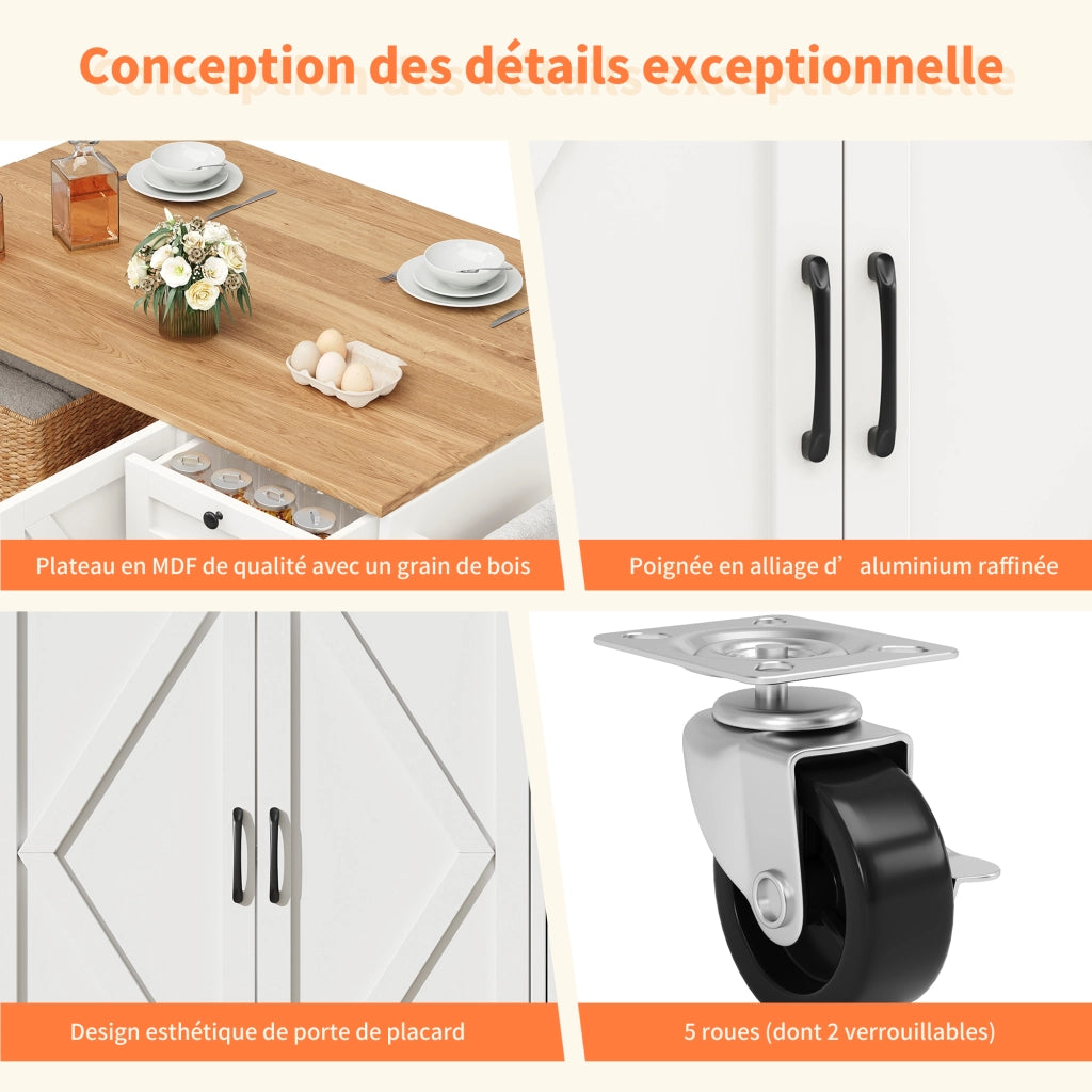 OKWISH Carrello da Cucina con 2 Cassetti, Ripiani su Entrambi i Lati, Piano Ribaltabile e 5 Ruote, per Cucina, MDF, Bianco