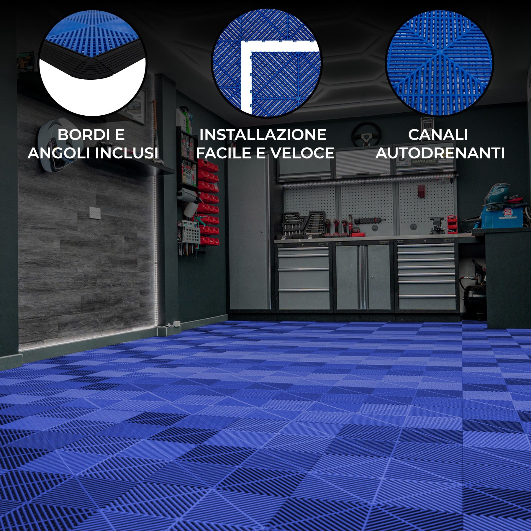 Piastrelle a incastro ventilate Blu 3,2m x 6m per garage e officine, antiscivolo.