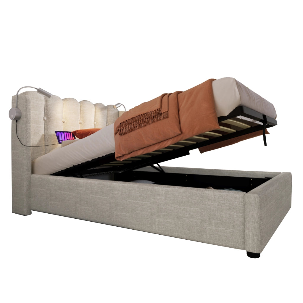 OKWISH Letto contenitore 90×200 cm, Letto Singolo con Testiera, Lampada da Lettura e USB, senza Materasso, in Lino, Naturale