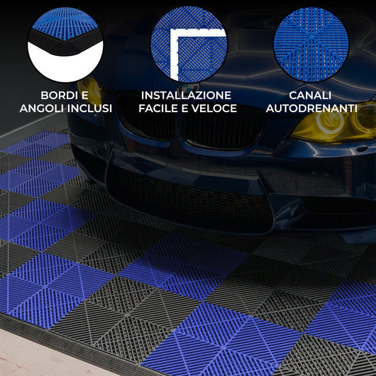 Piastrelle ventilate nere e blu 3,2m x 6m per garage e officine, antiscivolo.