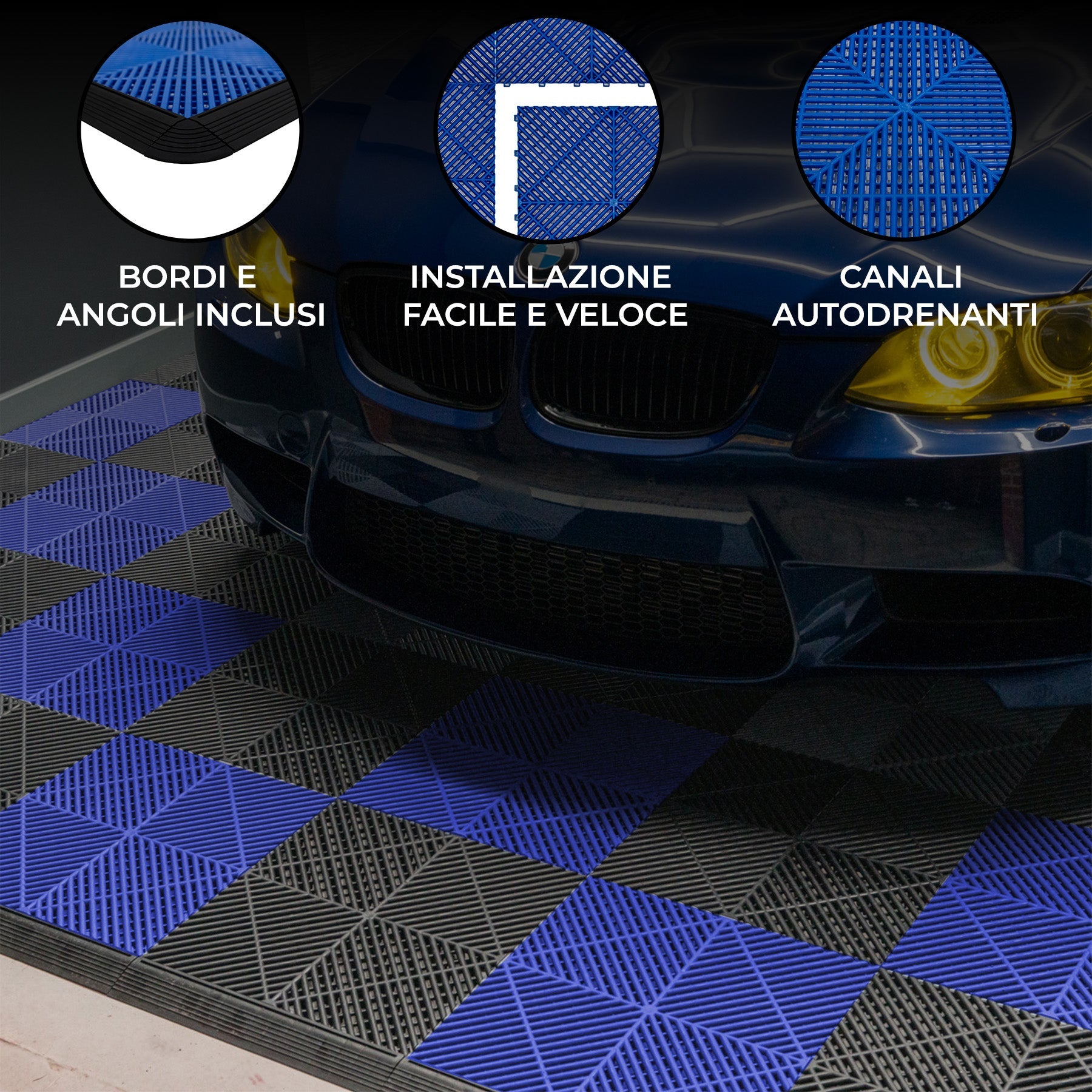 Piastrelle ventilate nere e blu 6m x 6m per garage doppio e officine, antiscivolo.