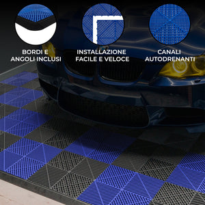 Piastrelle ventilate nere e blu 6m x 6m per garage doppio e officine, antiscivolo.