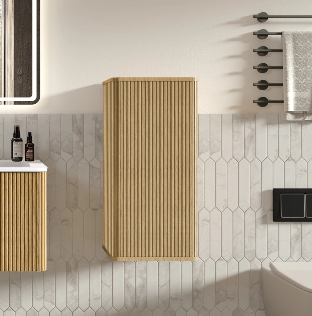 Set mobili bagno rovere con lavabo bianco in solid surface e colonna
