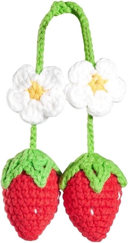Due decorazioni per specchietti auto a forma di fiori di fragola manufatti a mano - accessori per donne - rosso.