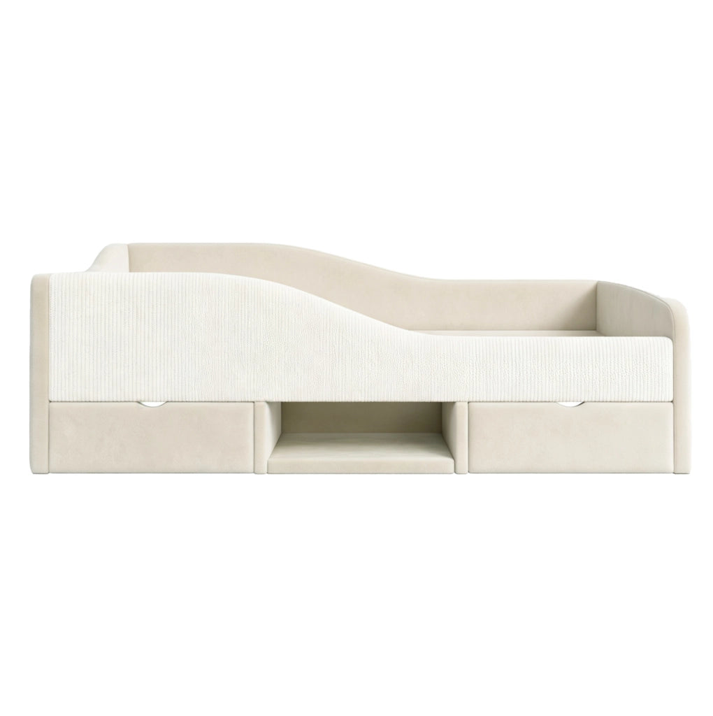 Letto per bambini 90x190 cm con 2 cassetti e sponde in velluto beige