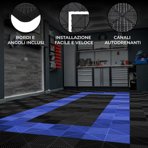 Piastrelle ventilate nere e blu 6m x 6m per garage doppio e officine, antiscivolo.
